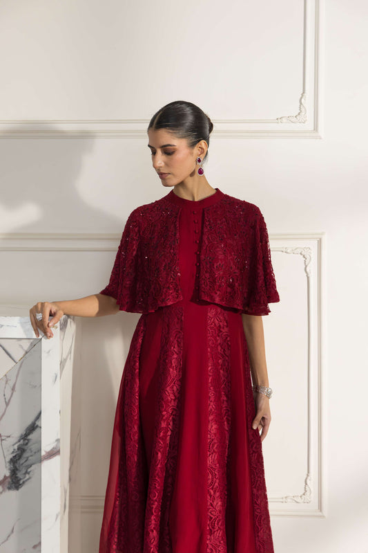 Imperial Ruby Hand Embroided French Lace Georgette Evening Dress