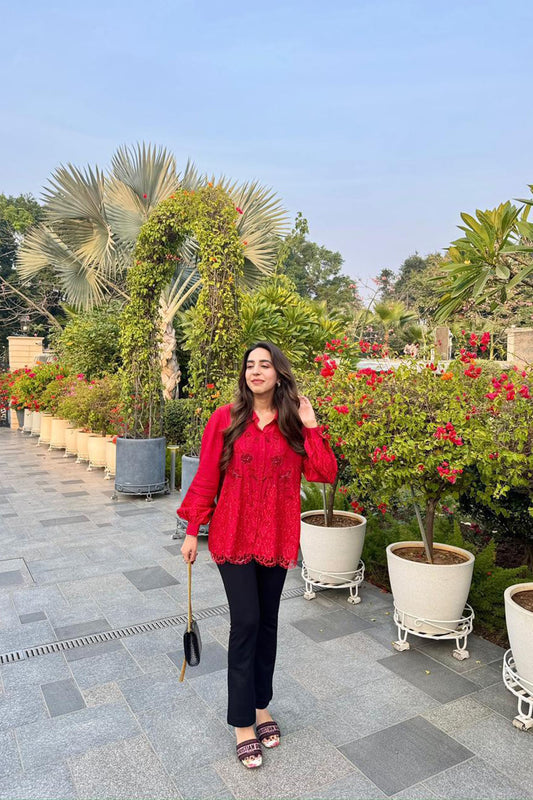 Gauri Munjal In Crimson Bloom Red Hand Embroidered French Lace Habotai Silk Shirt