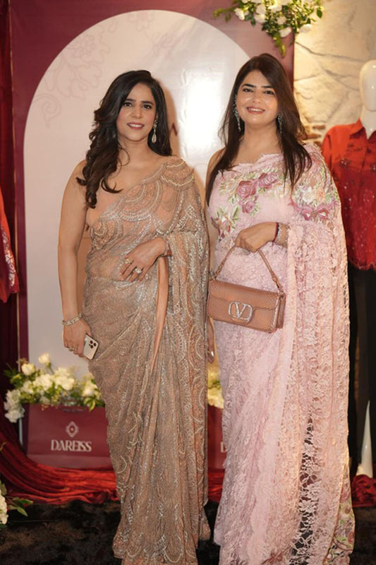 Anju Munjal In Amourya Blossom Pink and Metallic Gold Hand Embroided French Chantilly Lace Saree