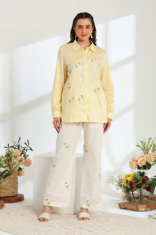 Butter Yellow Bloom Hand Embroidered French lace Linen Cotton co-ord set