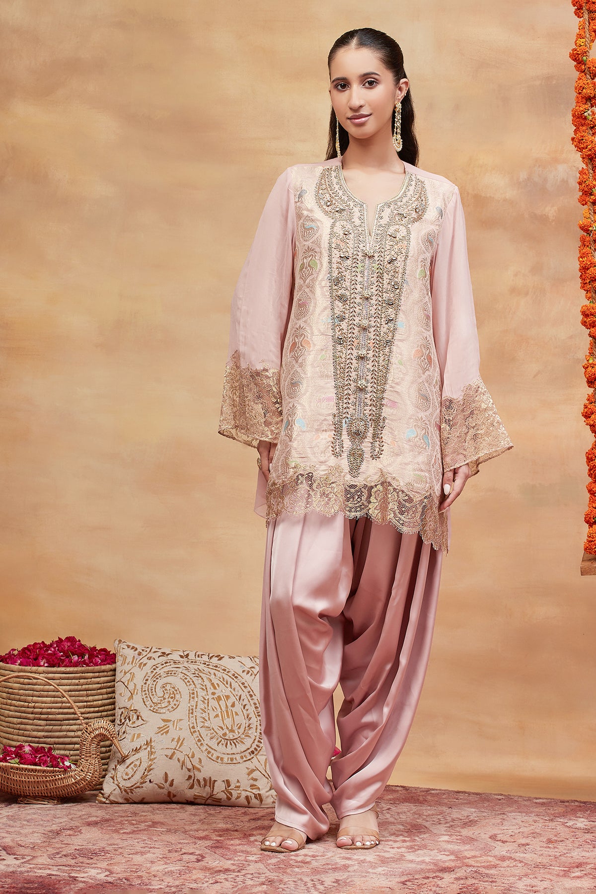 Ahilya Gulab Hand Embroidered Banarasi Dhoti Set