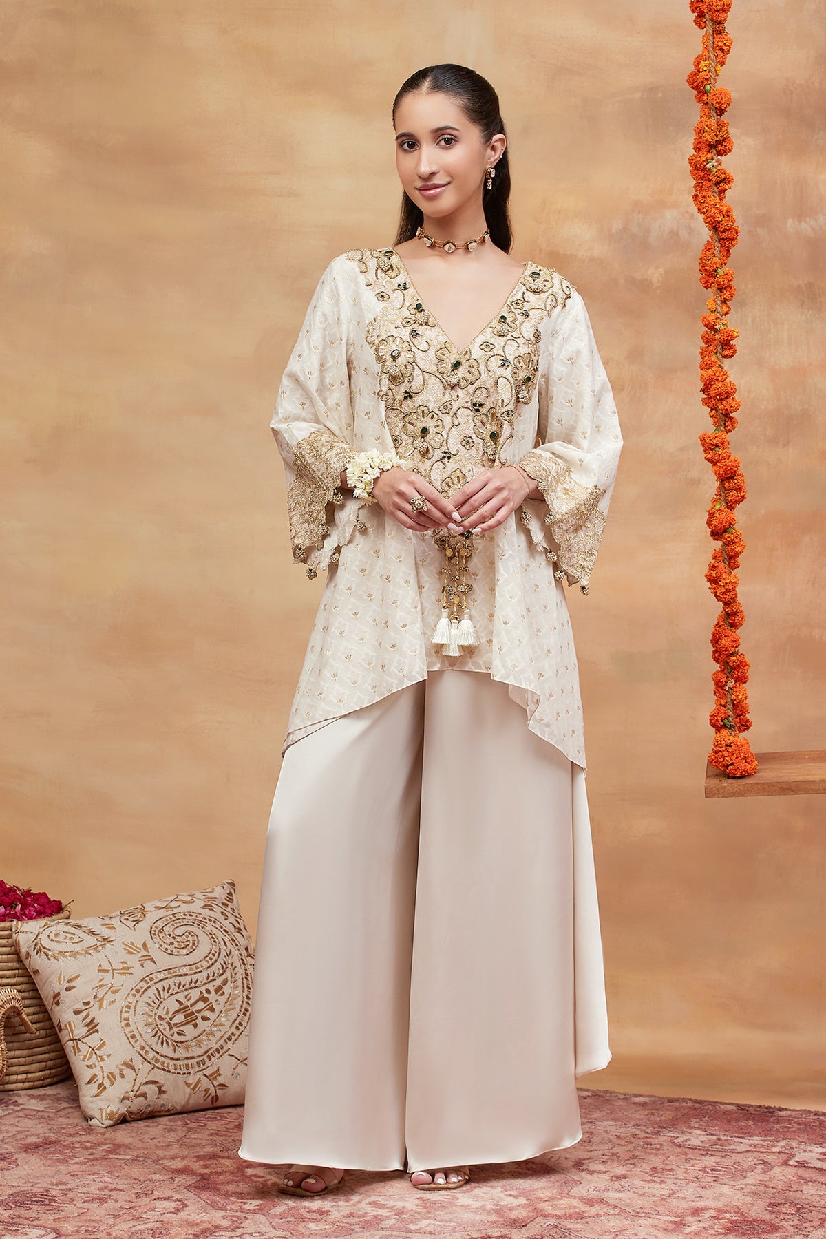 Mansarovar Ivory Hand Embroidered Banarasi Flared Pant Set