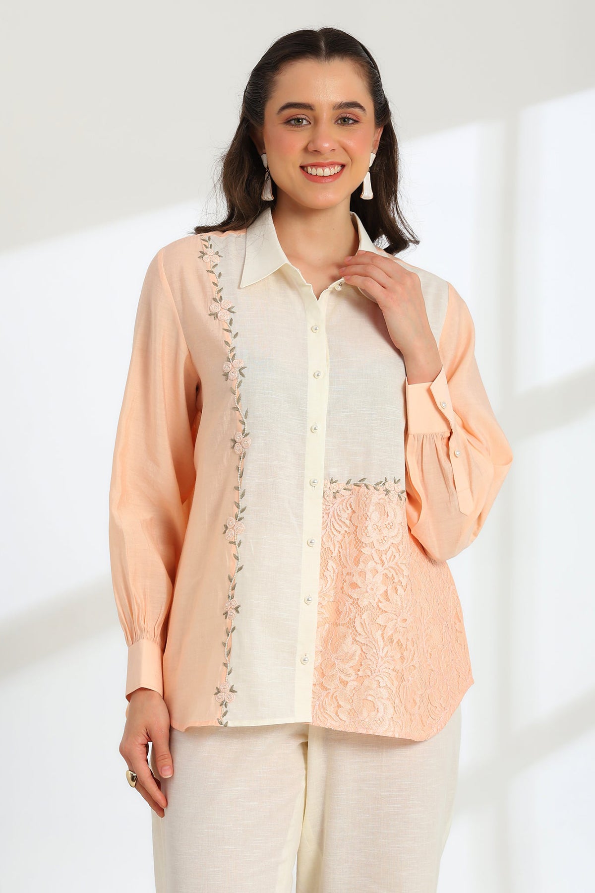 Floréa Peach Hand Embroidered French lace Silk Linen shirt