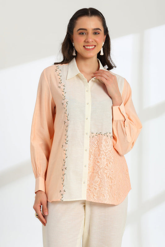 Floréa Peach Hand Embroidered French lace Silk Linen shirt
