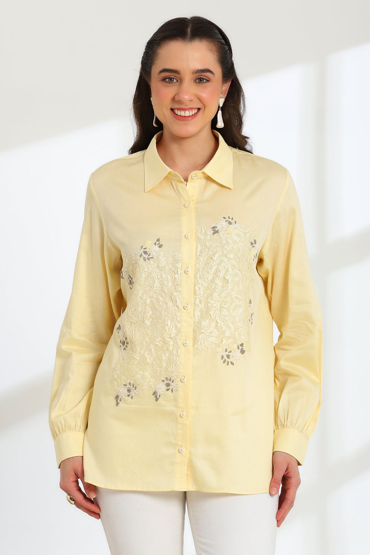 Butter Yellow Bloom Hand Embroidered French lace Cotton Shirt