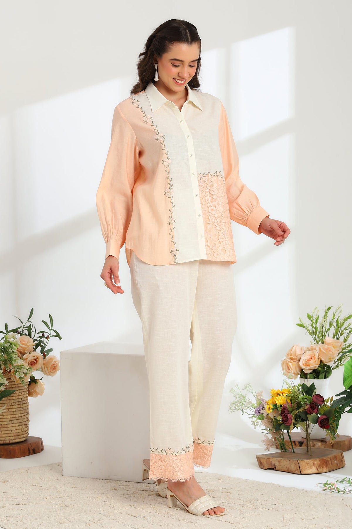 Floréa Peach Hand Embroidered French lace Silk Linen Co-ord Set