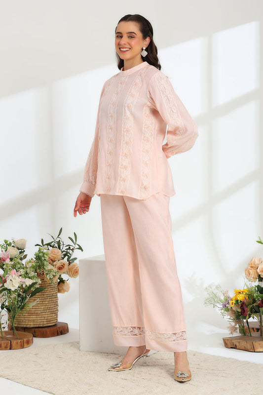Elan Pink Glow hand embroidered French lace Silk cotton co-ord set