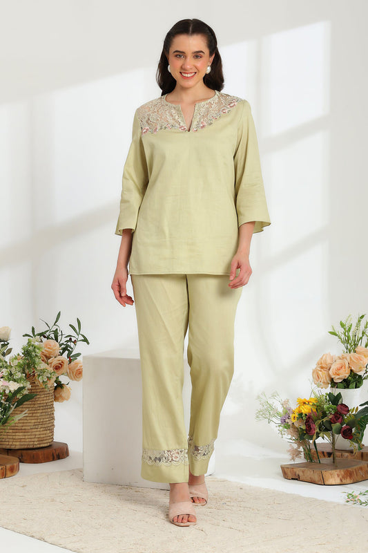 Jade Blossom Embroidered French lace cotton co-ord set