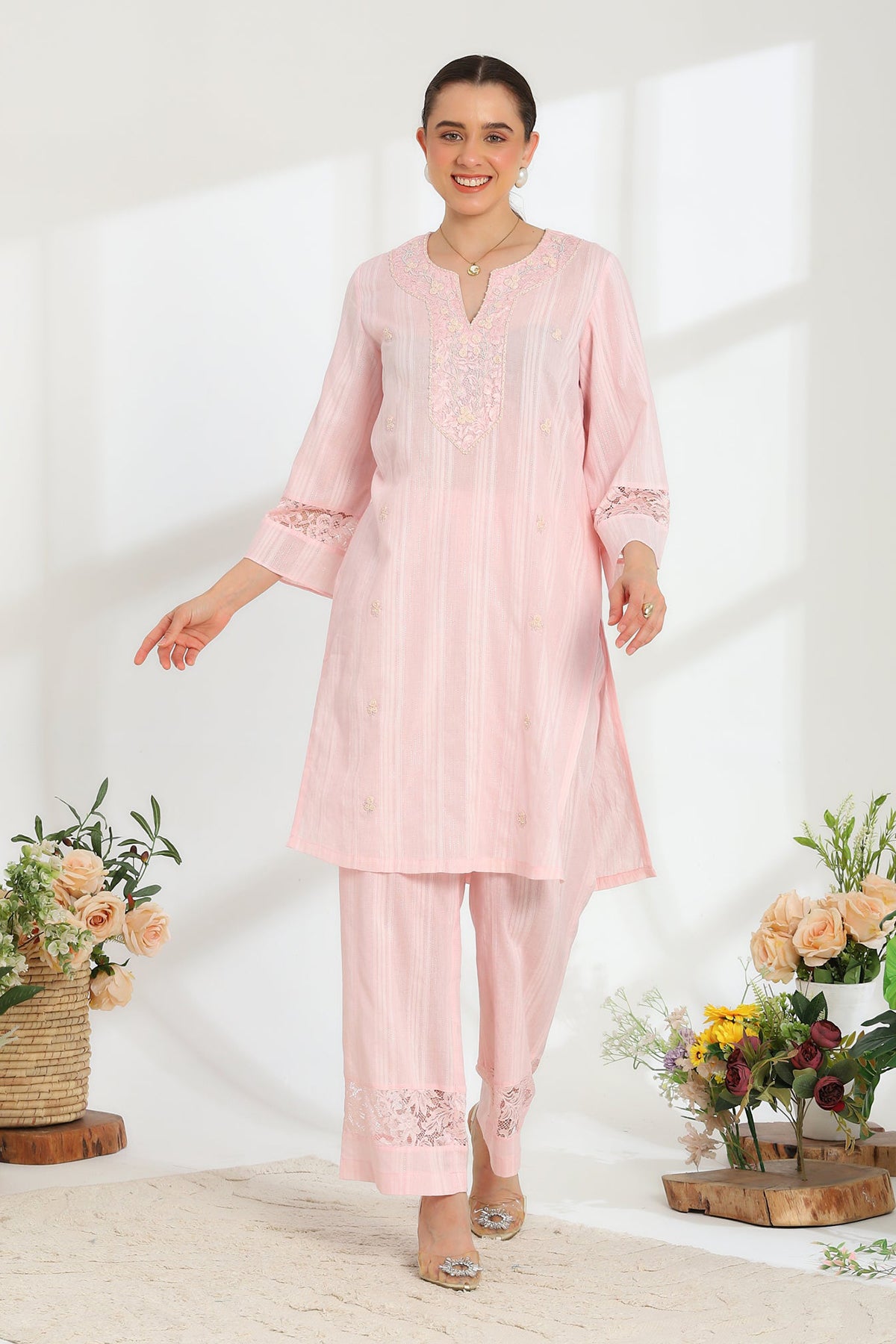Silvaire Rose Hand Embroidered French lace cotton lurex Kurta set