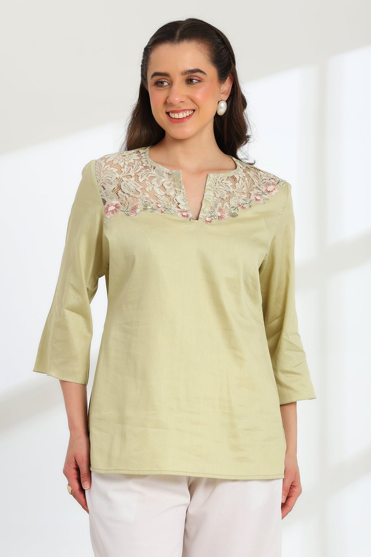Jade Blossom Embroidered French lace cotton shirt