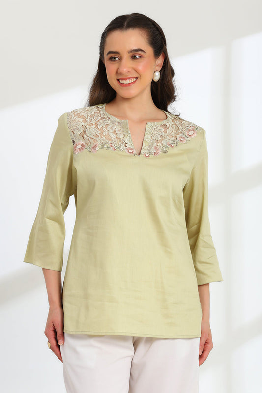 Jade Blossom Embroidered French lace cotton shirt