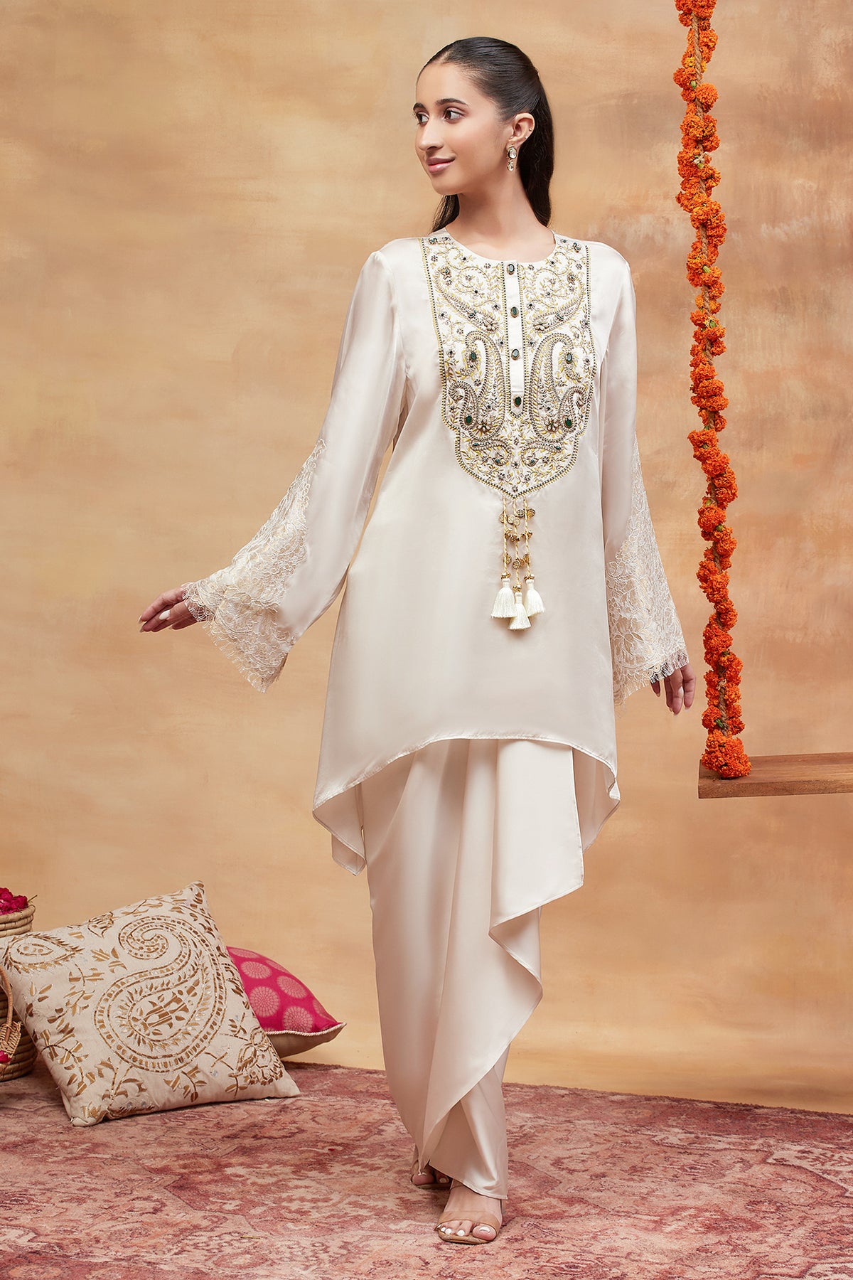 Panchganga Ivory Hand Embroidered Banarasi Skirt Set
