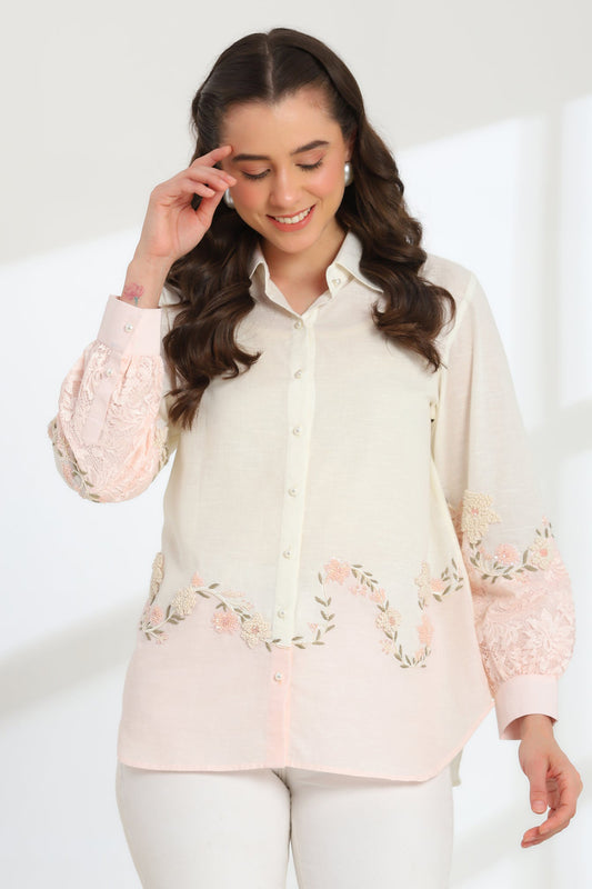 Cendre Pink Hand Embroidered French lace Silk Linen Shirt