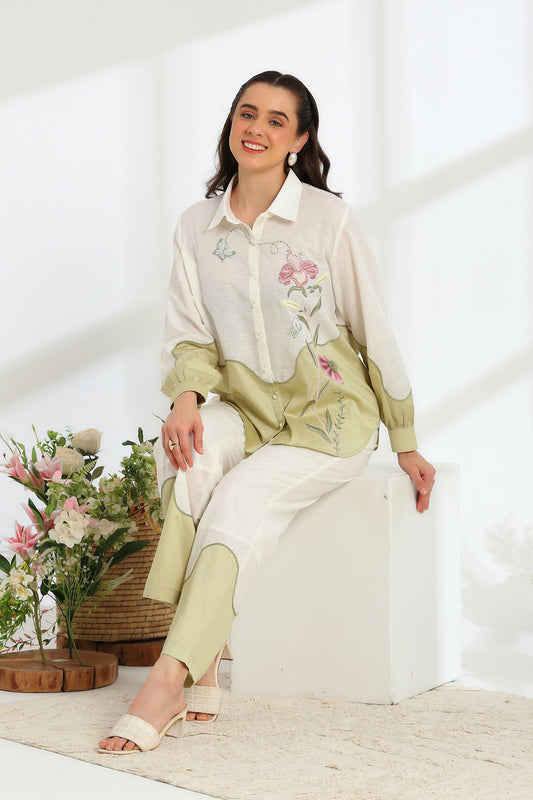 Ether Sage Green Embroidered French lace Silk Linen Co-ord Set