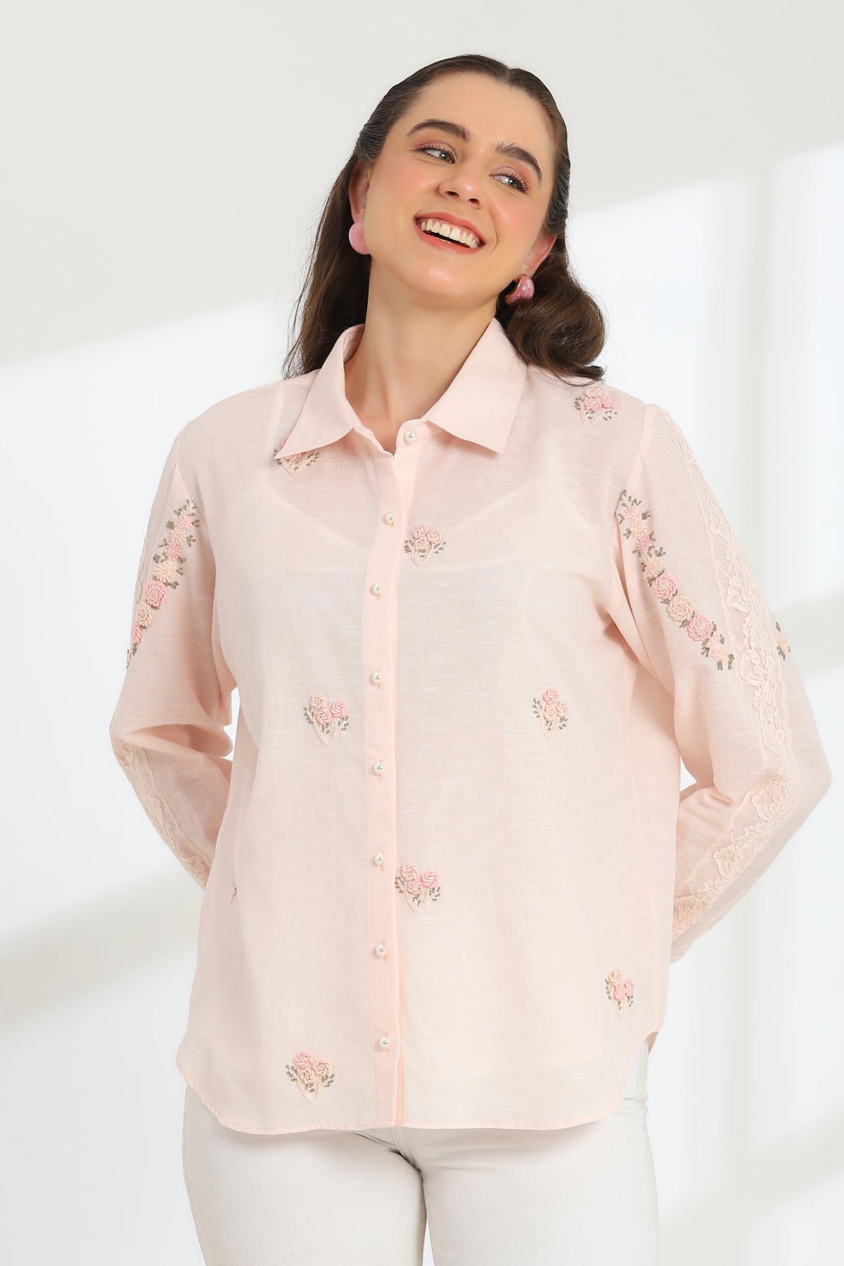 Pink Rose Blush Embroidered French lace Silk Cotton Shirt