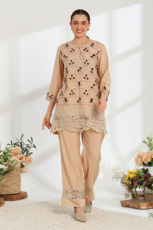 Samridhi In Auré Beige Hand Embroidered French lace Silk cotton Kurta set