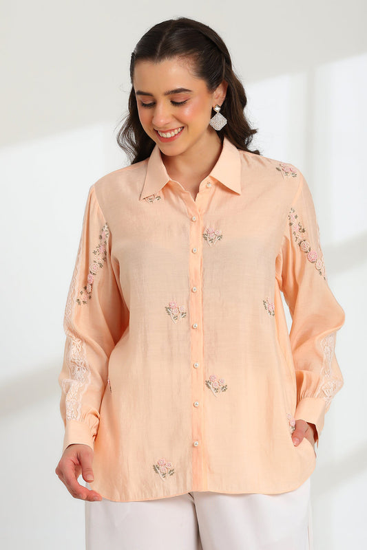 Spring Peach Hand Embroidered French lace Silk Cotton Shirt