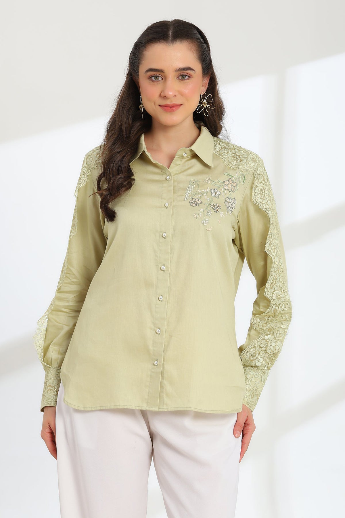 Soft Fern Hand Embroidered French lace Glazed Cotton Shirt