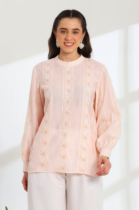 Elan Pink Glow hand embroidered French lace Silk cotton Top