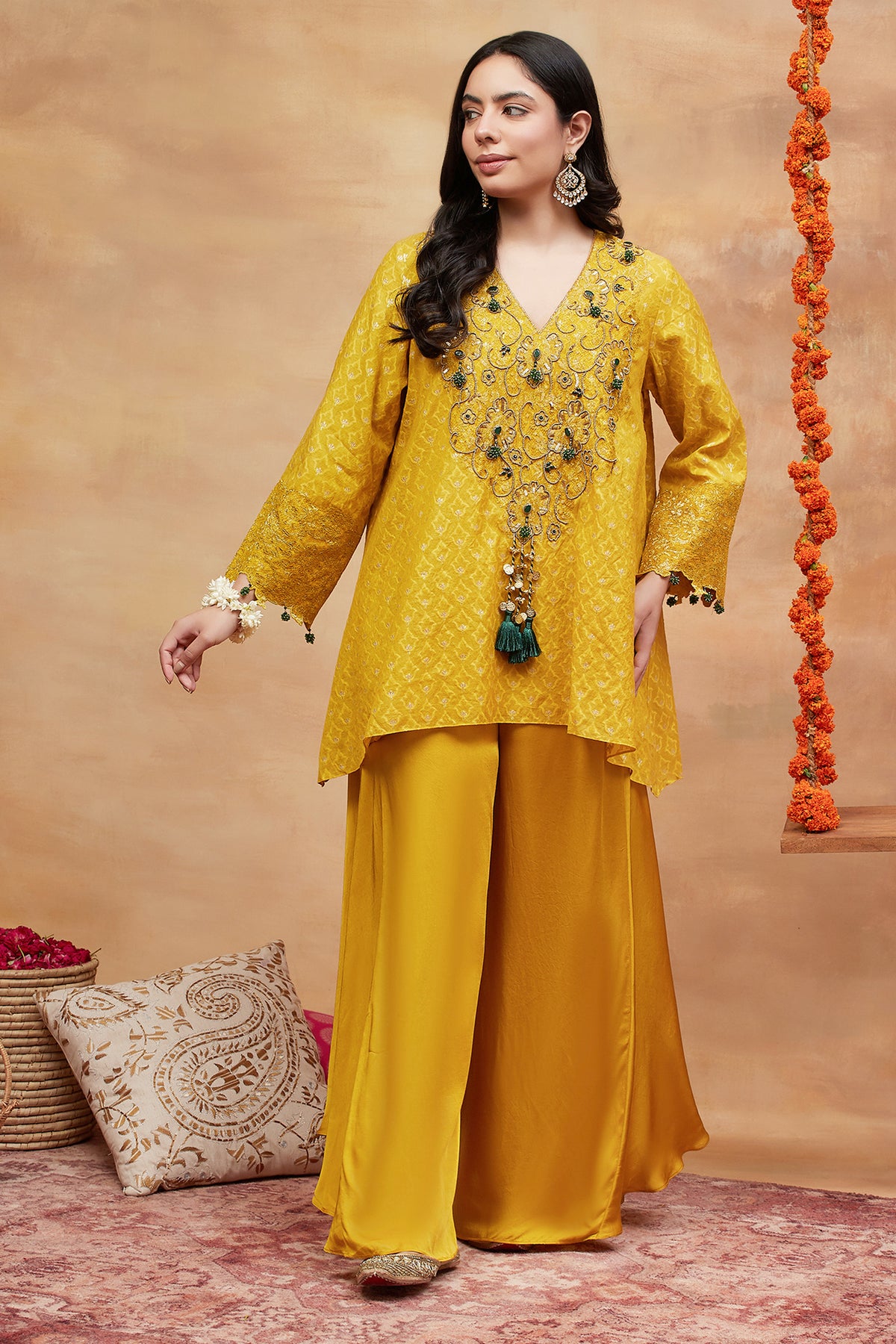 Mansarovar Genda Hand Embroidered Banarasi Flared Pant Set