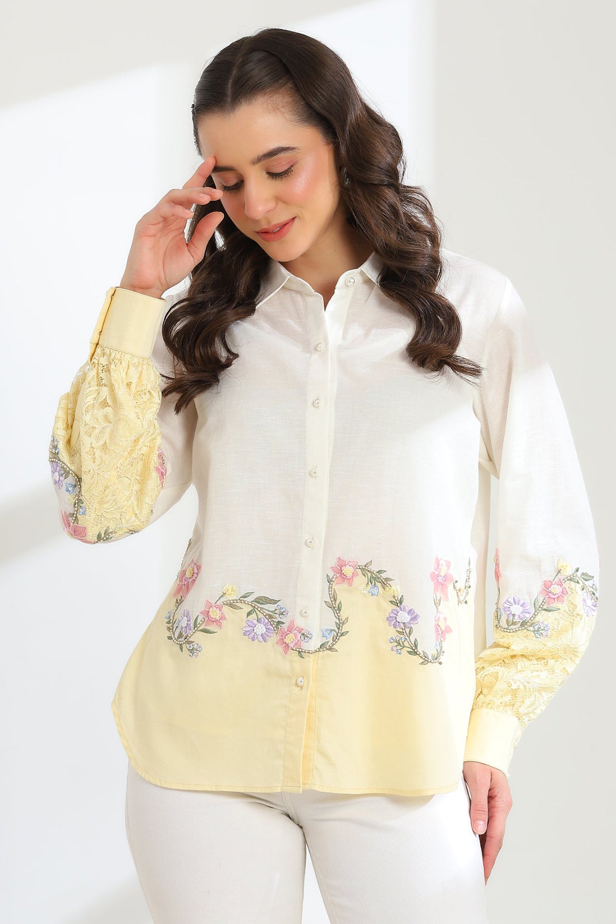 Sunlit Yellow Garden Embroidered French lace Silk Linen Shirt