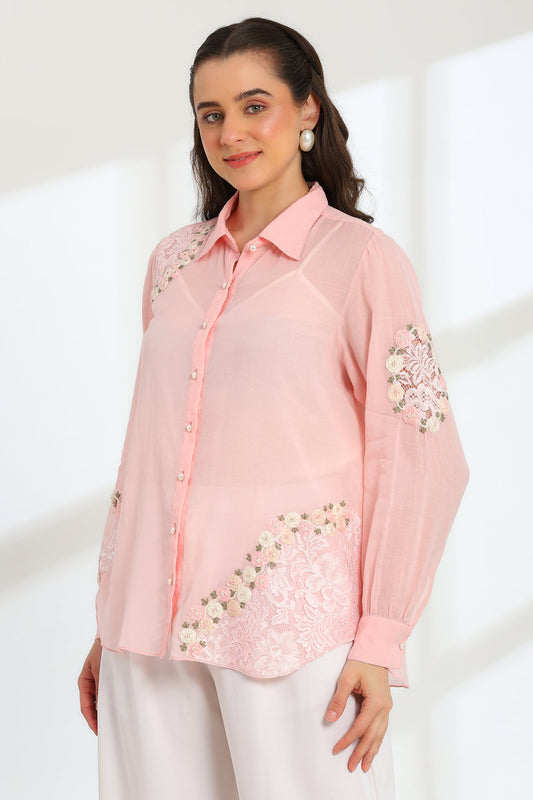Pink Rose Garden Hand Embroidered French lace Mul Shirt