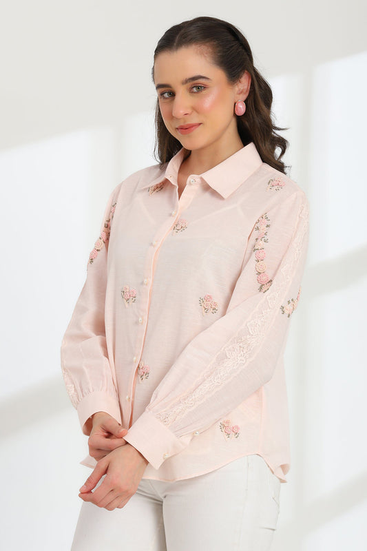 Pink Rose Blush Embroidered French lace Silk Cotton Shirt