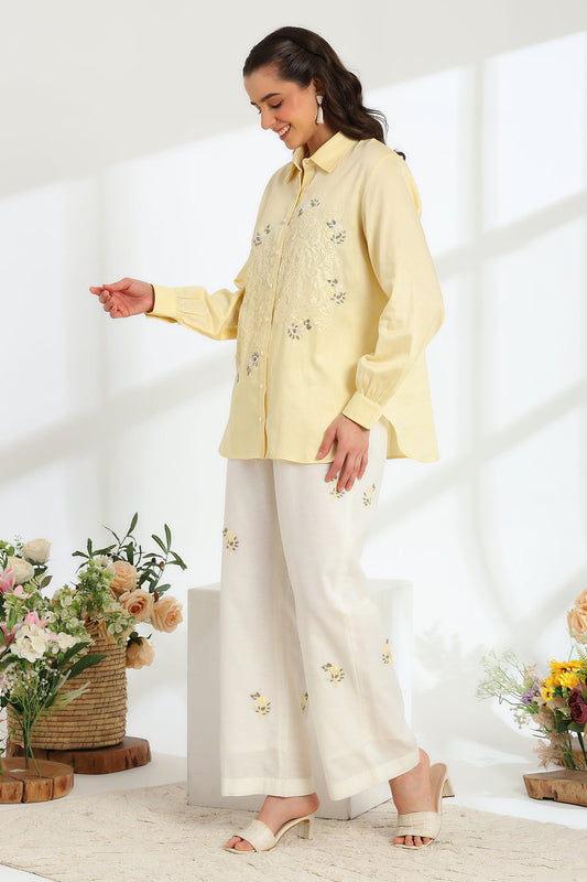 Butter Yellow Bloom Hand Embroidered French lace Linen Cotton co-ord set