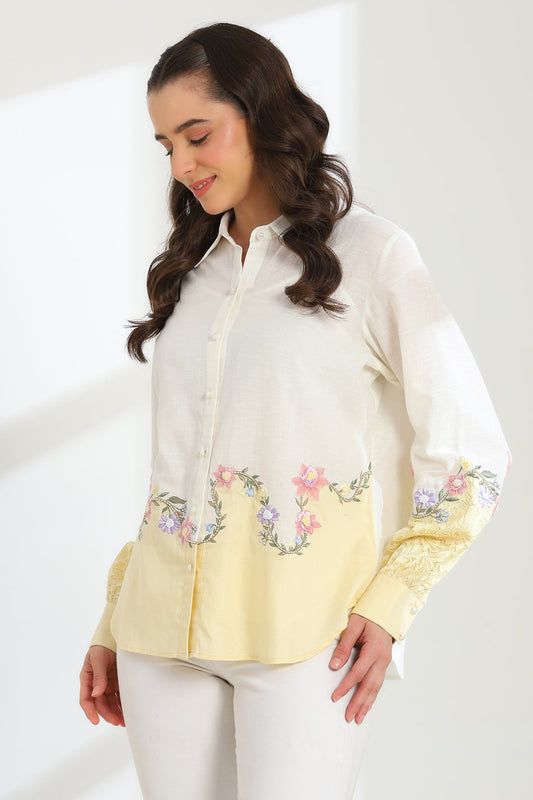Sunlit Yellow Garden Embroidered French lace Silk Linen Shirt