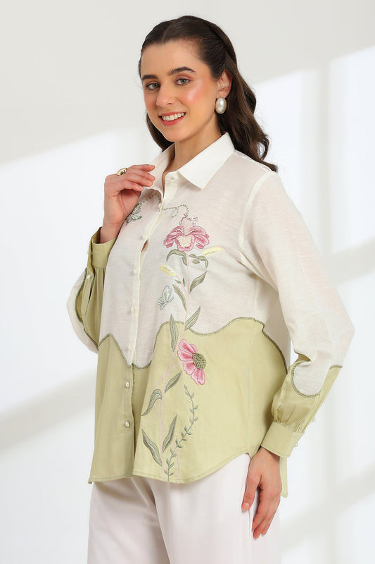 Ether Sage Green Embroidered French lace Silk Linen Shirt