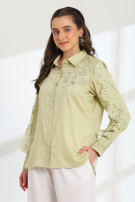 Soft Fern Hand Embroidered French lace Glazed Cotton Shirt