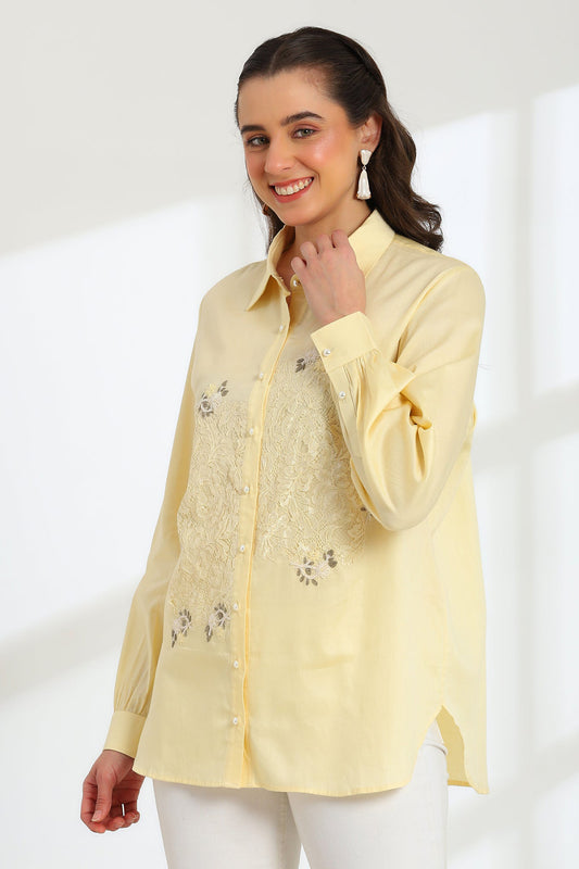 Butter Yellow Bloom Hand Embroidered French lace Cotton Shirt