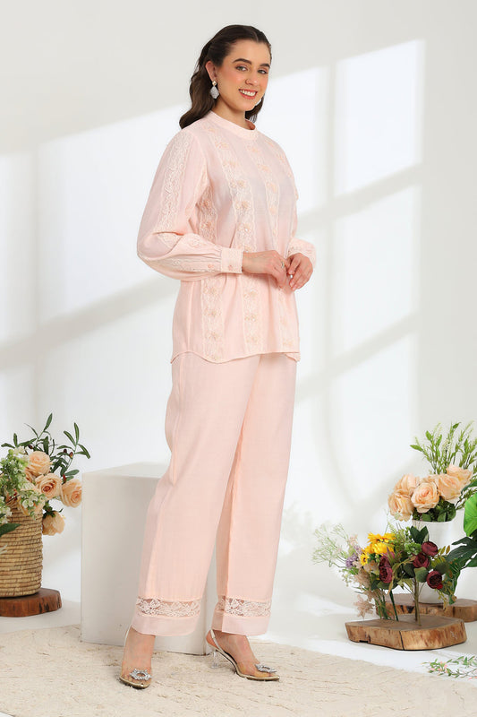 Elan Pink Glow hand embroidered French lace Silk cotton co-ord set