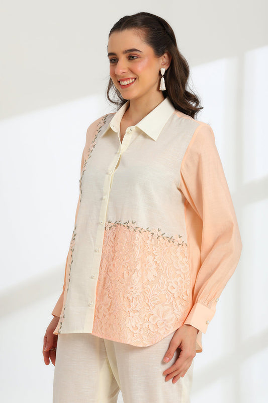 Floréa Peach Hand Embroidered French lace Silk Linen shirt