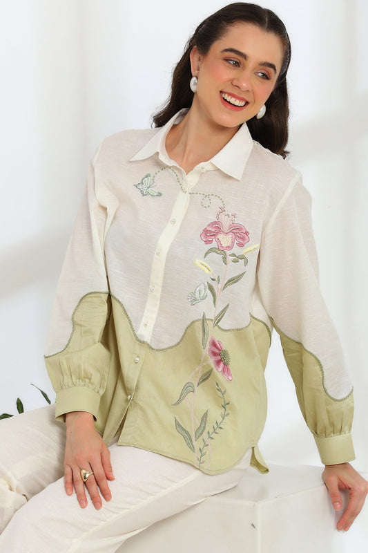 Ether Sage Green Embroidered French lace Silk Linen Co-ord Set