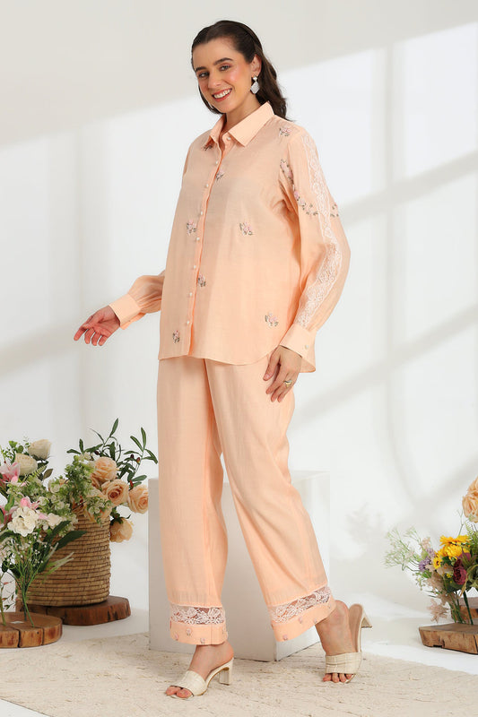 Spring Peach Hand Embroidered French lace Silk Co-ord Set