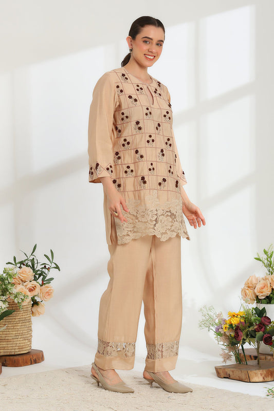 Auré Beige Hand Embroidered French lace Silk cotton Kurta set