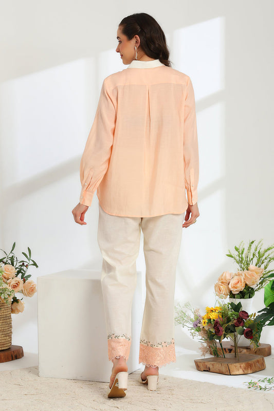 Floréa Peach Hand Embroidered French lace Silk Linen Co-ord Set