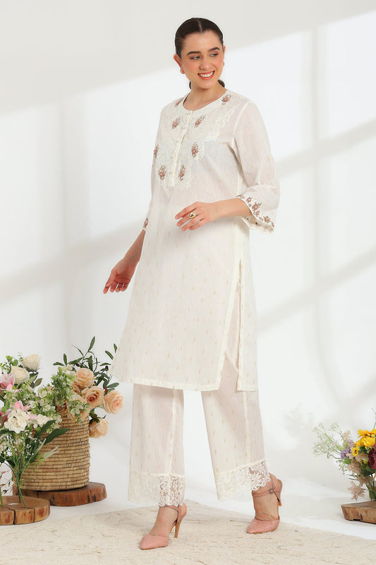 Lumiere Ivory Hand Embroidered French lace cotton dobby Kurta set