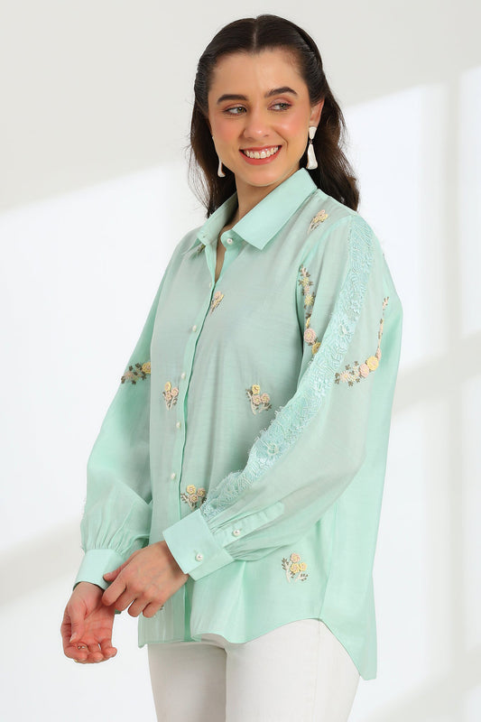 Spring Mint Hand Embroidered French lace Silk Cotton Co-ord set