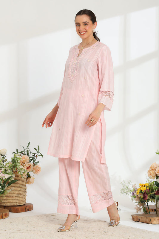 Silvaire Rose Hand Embroidered French lace cotton lurex Kurta set