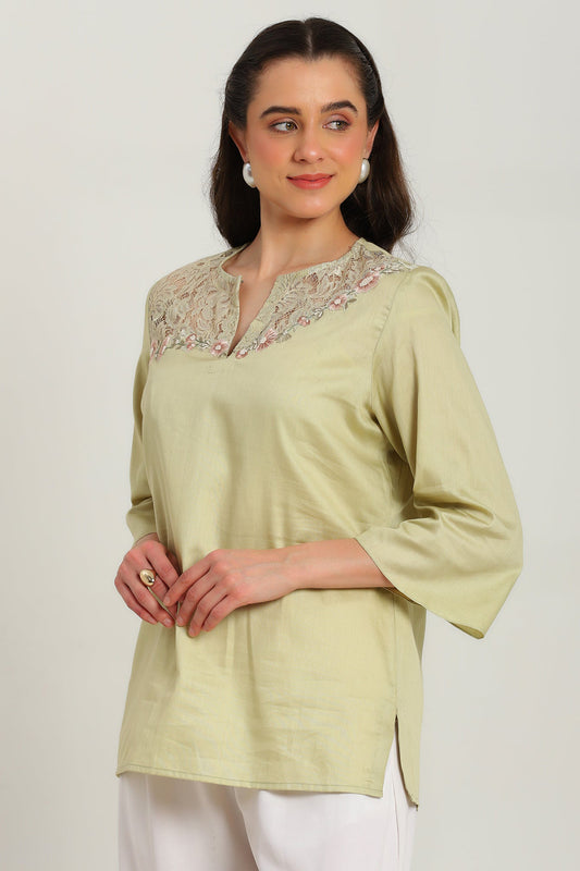 Jade Blossom Embroidered French lace cotton shirt