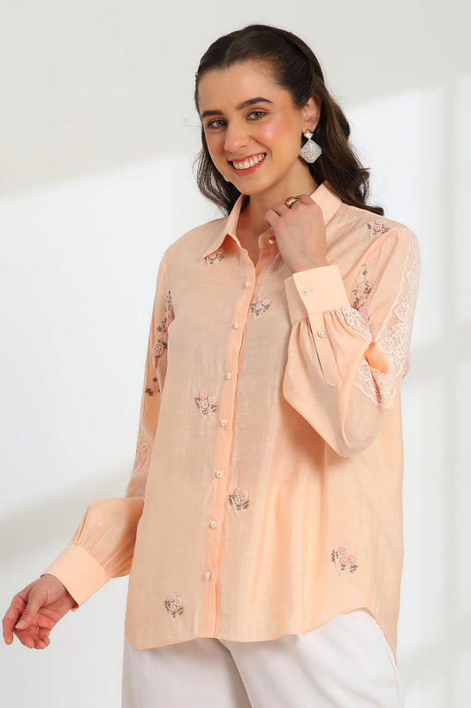 Spring Peach Hand Embroidered French lace Silk Cotton Shirt