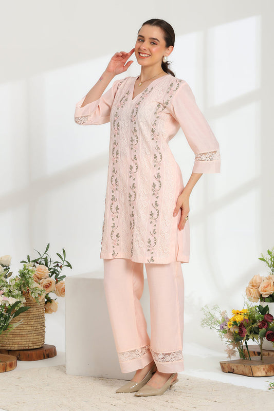 Rosella Bloom Hand Embroidered French lace Cotton Silk Kurta set
