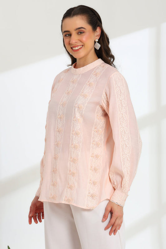Elan Pink Glow hand embroidered French lace Silk cotton Top