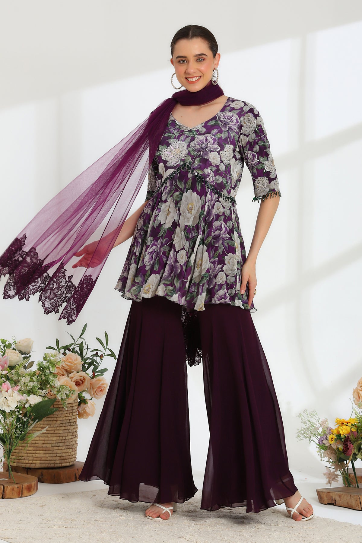 Violet Petal hand embroidered French lace Sharara set