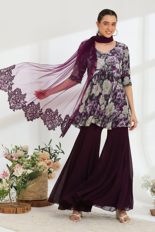 Violet Petal hand embroidered French lace Sharara set