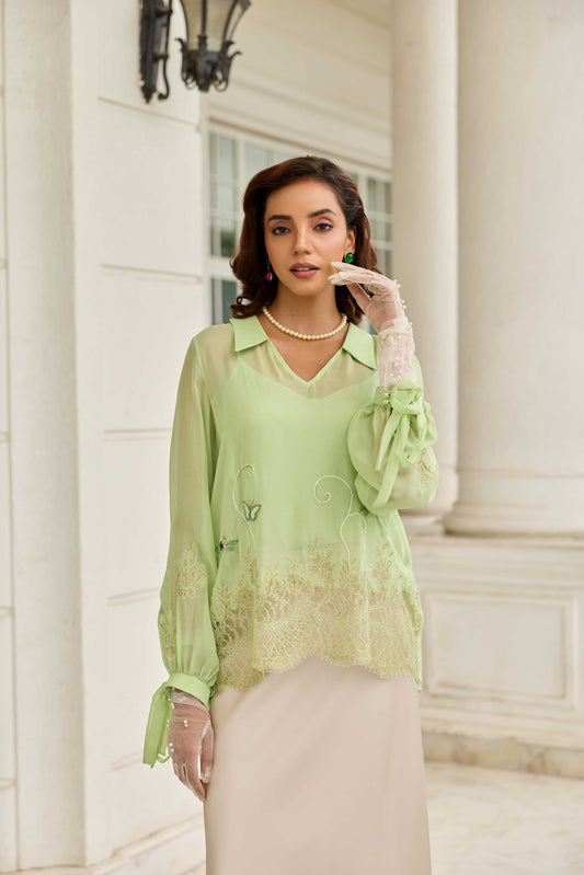 Dragonfly Pastel Green Hand Embroidered French Lace Flat Chiffon Top