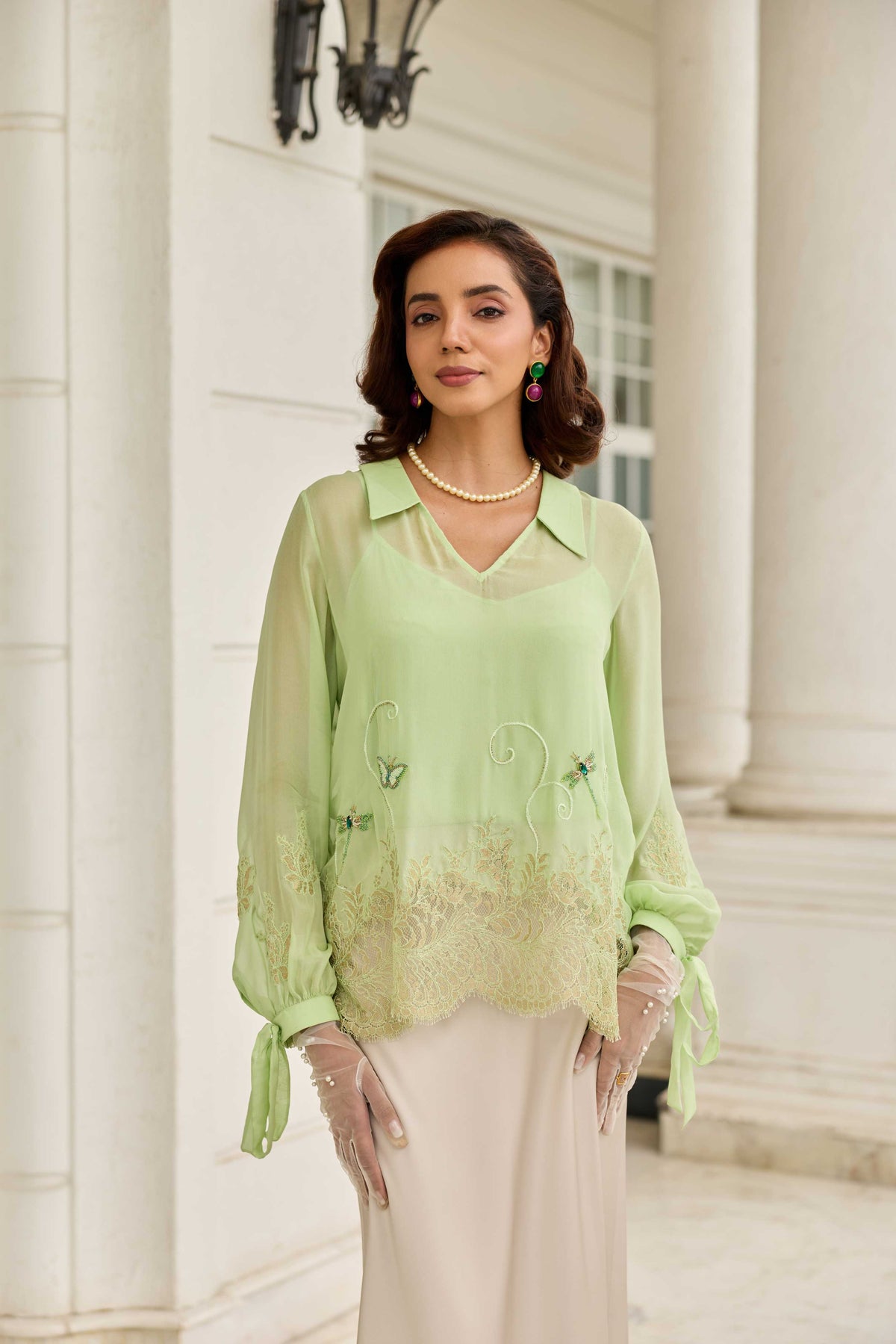 Dragonfly Pastel Green Hand Embroidered French Lace Flat Chiffon Top