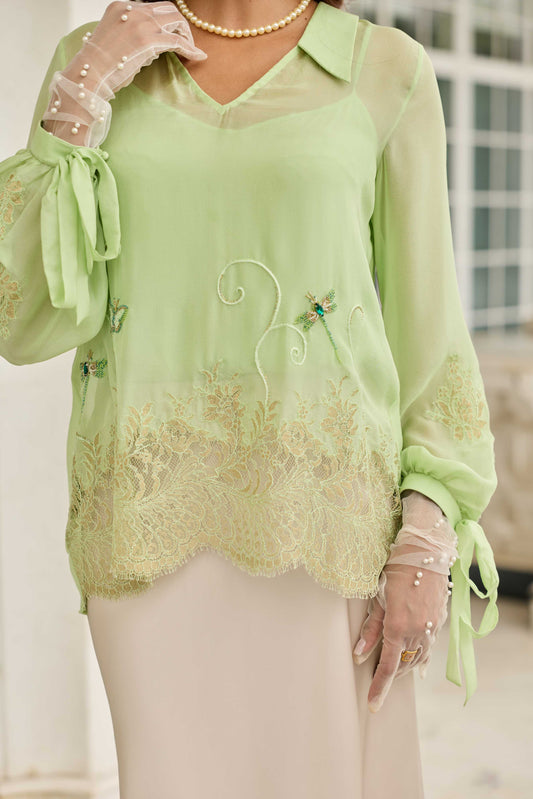 Dragonfly Pastel Green Hand Embroidered French Lace Flat Chiffon Top